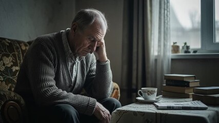 Depressed Senior Man Sits Alone at Home, Head in Hand