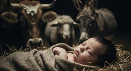 Baby Jesus sleeping in manger with farm animals blurred in background. Biblical Christmas nativity scene for holiday greeting card.