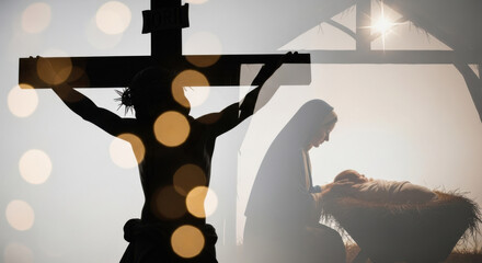 Silhouette of Jesus on cross and Mary with baby Jesus in manger. Life cycle concept from Christmas to Easter. Christian religion.