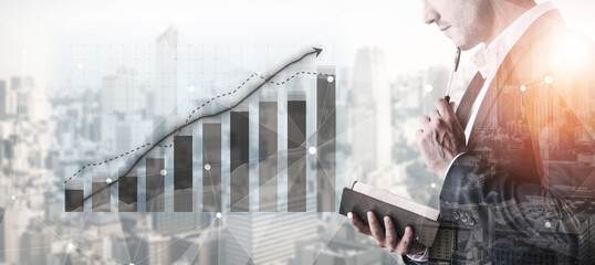 A business professional is thoughtfully analyzing financial growth trends while surrounded by a...