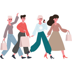 Four diverse people are walking side-by-side carrying shopping bags on a white background with a transparent background effect in a modern flat illustration style with pastel colors