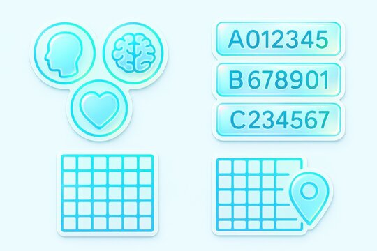 Innovative digital interface showcasing brain, heart, and head icons with seamless gradient effects and unique alphanumeric identifiers creating a modern abstract design