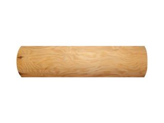Semi-cylindrical pine log plank with fine grain and light color is isolated.