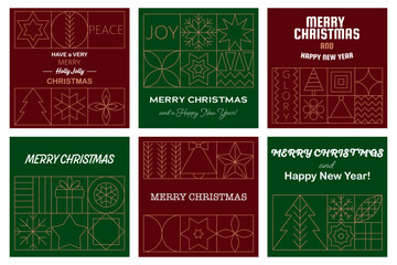 Set of modern Christmas greeting cards with geometric line art designs. Includes trees snowflakes stars gifts and festive shapes in green and red tones. Perfect for holiday cards and seasonal decor.