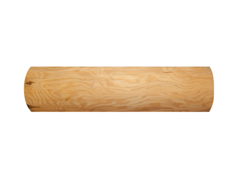 Semi-cylindrical pine log plank with fine grain and light color is isolated.