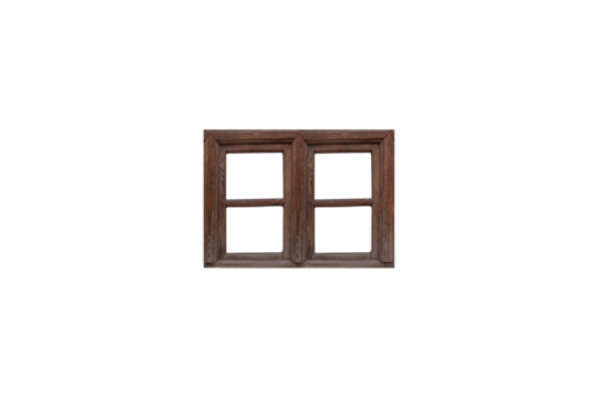 Small dark wooden double window frame with four openings is isolated.
