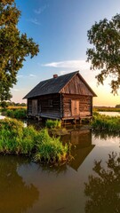 Obraz premium Rustic Cabin Reflection - Serene Lakeside Retreat at Sunset.