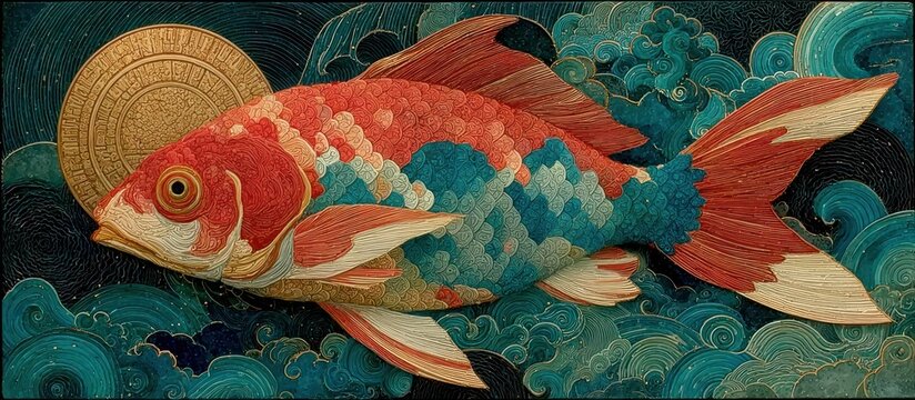 A vibrant koi swims in stylized waves, accompanied by a golden disc