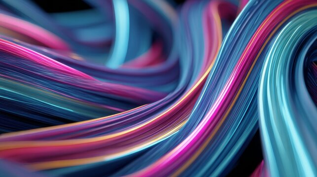Abstract image features intertwined, glossy ribbons in vibrant shades of pink, blue, and teal. Shallow depth of field enhances curves