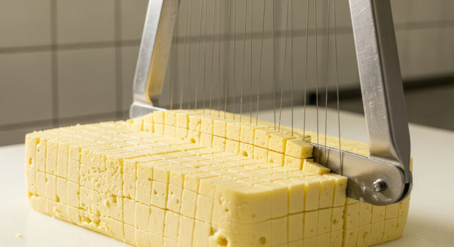 Cheese Block Being Sliced with a Wire Cutter for Cooking Blogs, Culinary Websites, Food Photography, Gourmet Recipes, and Cooking Class Materials - Powered by Adobe
