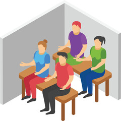Four Diverse People Sit In A Classroom Setting At Wooden Desks With Colorful Shirts And Pants In A Neutral Colored Room With Isometric Perspective