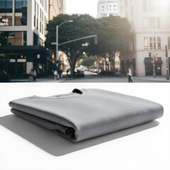 Obraz premium A folded T-shirt mockup on a clean white background, realistic soft shadows, minimal apparel no design. photorealistic urban scene