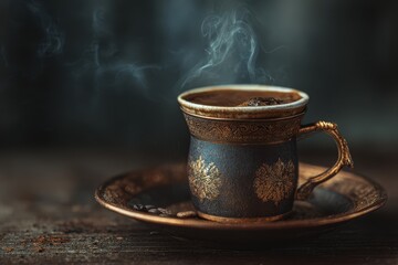 Steaming Coffee in Ornate Cup - Dark, Moody Still Life with Golden Accents.