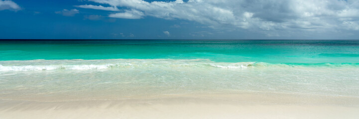 Perfect idyllic tropical beach, Anse Georgette in Praslin island, Seychelles panoramic web banner with copy space