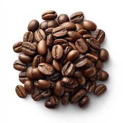 Roasted coffee beans clustered on white background
