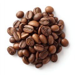 Roasted coffee beans clustered together, top view