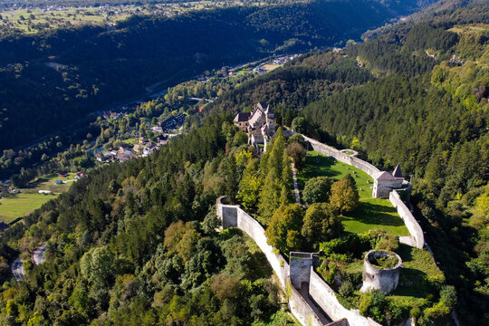 Aerial view of the medieval fortress of Ostrozac perched atop a hill, surrounded by lush green forests, Ostrozac na Uni, Federation of Bosnia and Herzegovina, Bosnia and Herzegovina.