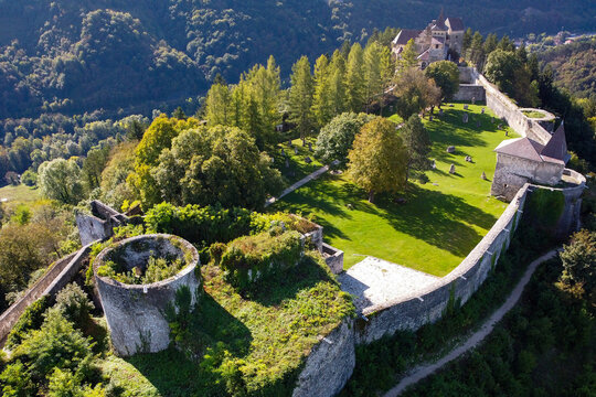 Aerial view of the ancient fortress walls snaking along the verdant hillside, crowned by the castle, Ostrozac na Uni, Federation of Bosnia and Herzegovina, Bosnia and Herzegovina.