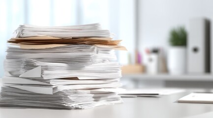 High stack of papers on a desk in an office
