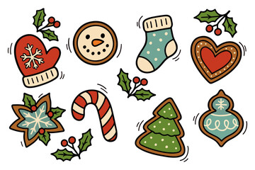 Christmas vector icon set includes decoration, gift, tree, snowman, and holly symbols for holiday celebration design