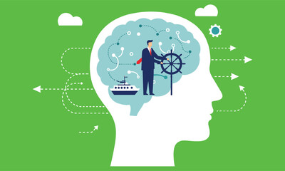 Businessman steering ship wheel inside human brain controlling direction for business leadership