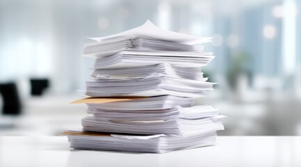 High stack of white papers on a table. Blurred office background