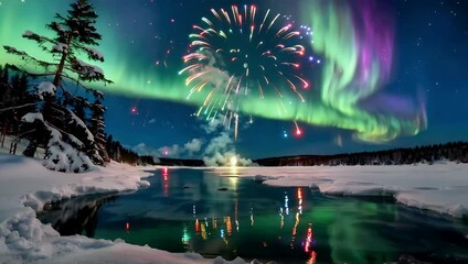 Majestic aurora borealis and firework display over a snowy remote landscape at night - Powered by Adobe