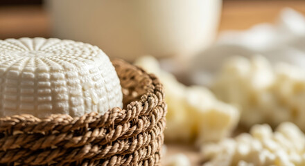 Obraz premium Fresh Cheese Curds in Woven Basket with Milk and Dairy on Wooden Surface for Cheesemaking Blogs, Cooking Websites, Dairy Education, and Culinary Arts Content