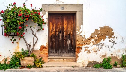 Rustic Doorway with Flowers and Weathered Wall in Southern Italy.