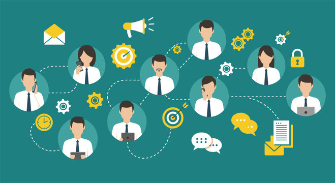 Corporate team network diagram with communication icons and connected business people avatars