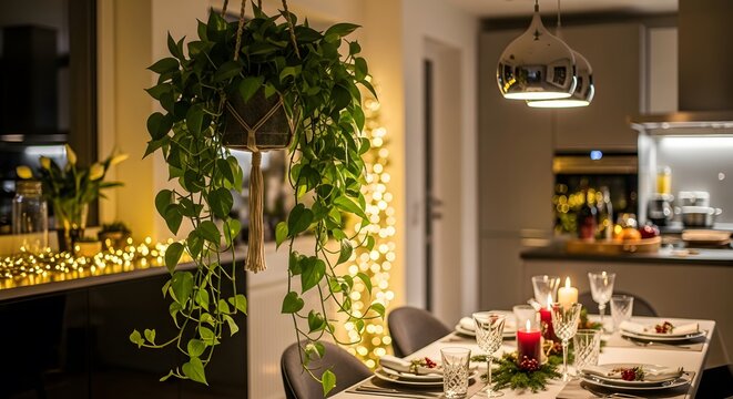 Warmly Lit Dining Room with Hanging Plant, Candles, and Elegant Table Setting Ready for Celebration.