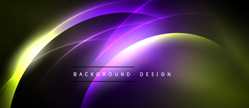 Abstract neon lines create dynamic curves, vibrant purple, yellow hues. Dark background emphasizes glowing effect, modern design element.