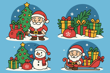 Cute cartoon Santa Claus and snowman set with Christmas tree and winter holiday gifts vector illustration
