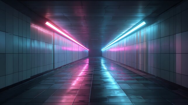 A long, symmetrical tunnel with neon lights in pink and blue, creating a futuristic atmosphere.