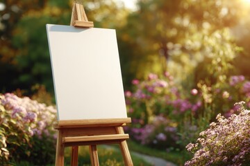 Blank Canvas on Easel in Sun-Drenched Garden, Artistic Inspiration.