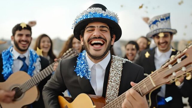 Cheerful Israeli group joyfully celebrates a traditional Jewish holiday. Young men and women play guitars, laughing aloud amidst falling blue and white star confetti. Vibrant festival.