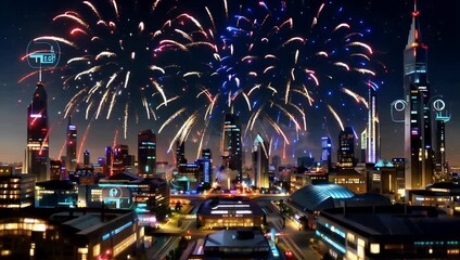 Night city skyline fireworks over illuminated buildings with vibrant colorful bursts and reflections - Powered by Adobe