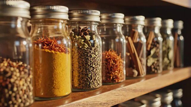 Assortment of Spices in Glass Jars on a Wooden Shelf
