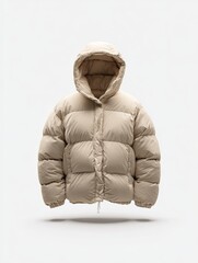 Beige puffer jacket with hood, isolated on white background