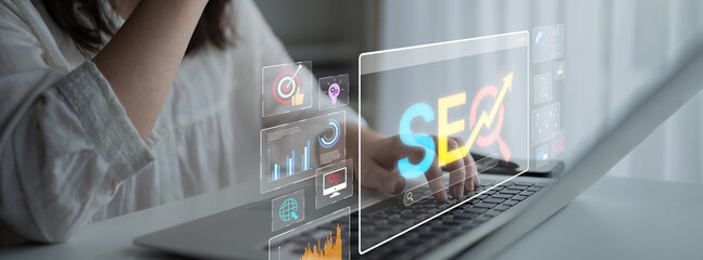 SEO concept for improving SEO visibility, with SEO related digital tools and SEO performance icons shown in an focused layout for strategic marketing. Spline