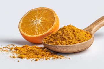 Orange slice and turmeric powder in wooden spoon