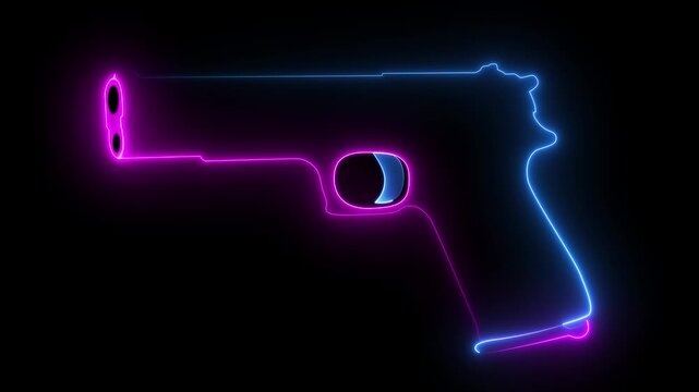 Isolated Detailed Black Pistol Firearm Weapon Gun. neon line gun icon animation on black background.4k