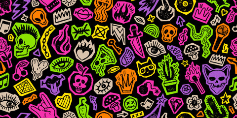 Rock punk music seamless pattern. Neon doodle graffiti bg. Hand drawn punk rock icons. Grafitti seamless pattern of fire skull eye heart star cutout element. Vector music tattoo, neon grunge scrapbook