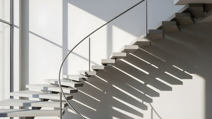 Modern minimalist staircase with floating steps casting long geometric shadows on a bright sunlit wall in a contemporary interior