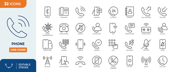 Phone line editable icon set. Containing contact, calling, communication, call, message, smartphone, and more. Editable stroke. Vector illustration