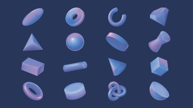 Geometric shapes 3d elements set in realistic render design. Collection of oval, donut, spiral part, diamond, pyramid, sphere, circle, cube, cone, chain, ring, torus, half figure. Vector illustration.