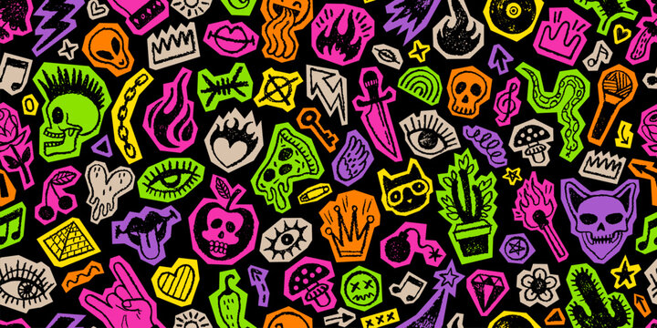 Rock punk music seamless pattern. Neon doodle graffiti bg. Hand drawn punk rock icons. Grafitti seamless pattern of fire skull eye heart star cutout element. Vector music tattoo, neon grunge scrapbook
