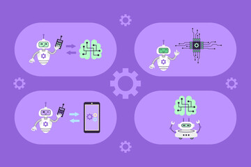 Robots remotely control smartphones, chips, and brains. Modern technologies in business and medicine. Virtual assistant artificial intelligence. Set of 4 vector illustrations.
