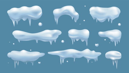 Fototapeta premium Snow caps 3d elements set in realistic render design. Collection of white horizontal snow piles and corners with melts and icicles, frost winter roof borders and snowy frames. Vector illustration.