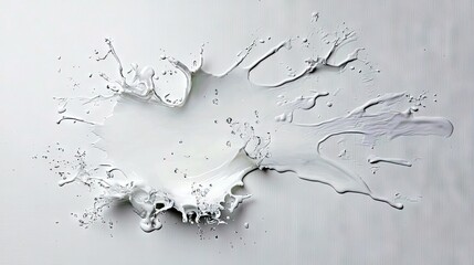 Obraz premium A dynamic splash of white liquid, possibly milk or paint, captured mid-air with droplets and streams against a light, textured surface.
